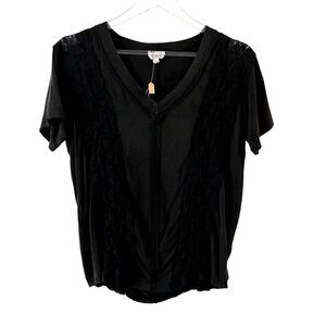 POL Relaxed‎ Fit Inset Lace Outseam Detail Short Sleeves V-Neck T-Shirt black L